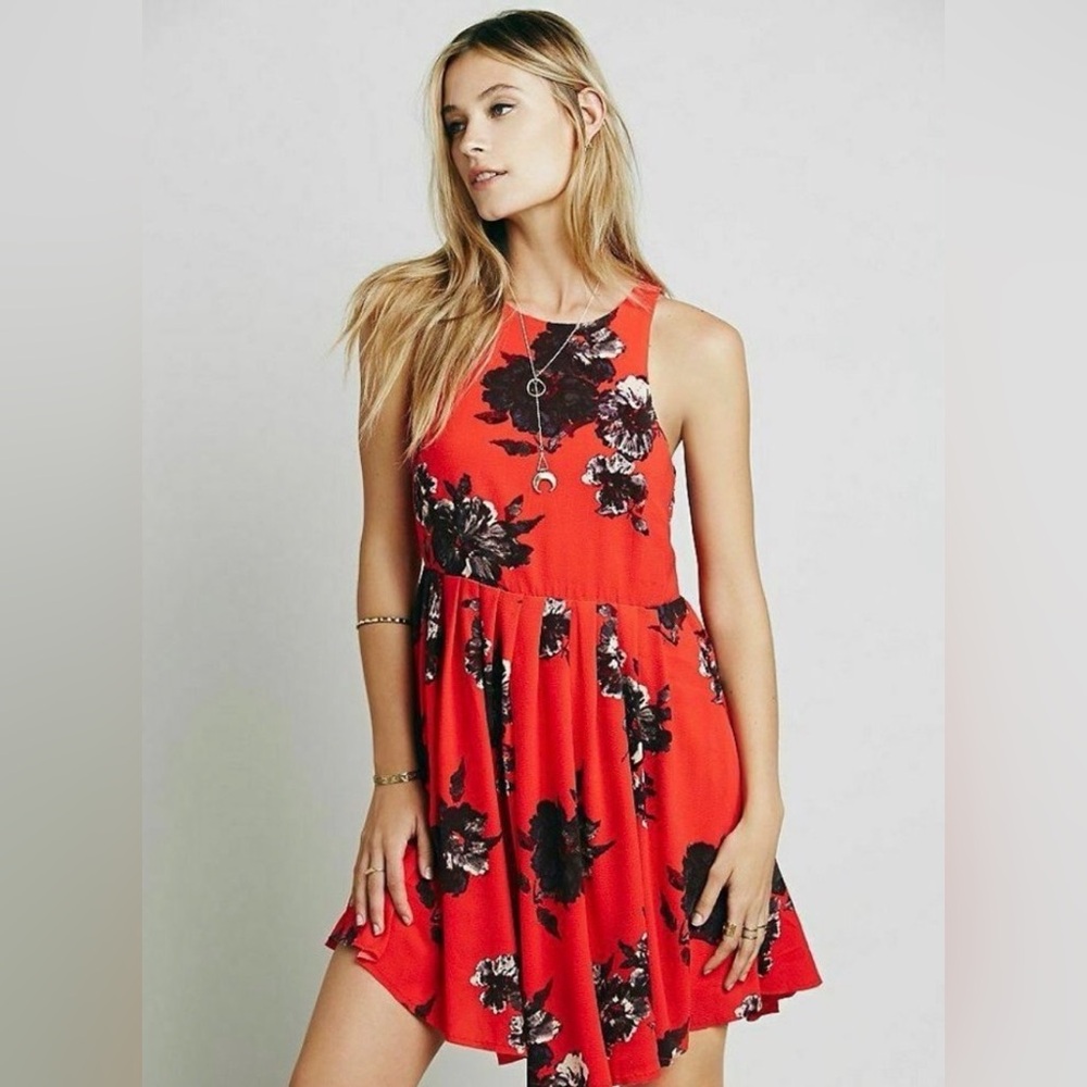 Free People Flutterby Cherry Red Floral Fit &‎ Flare Dress Womens 6